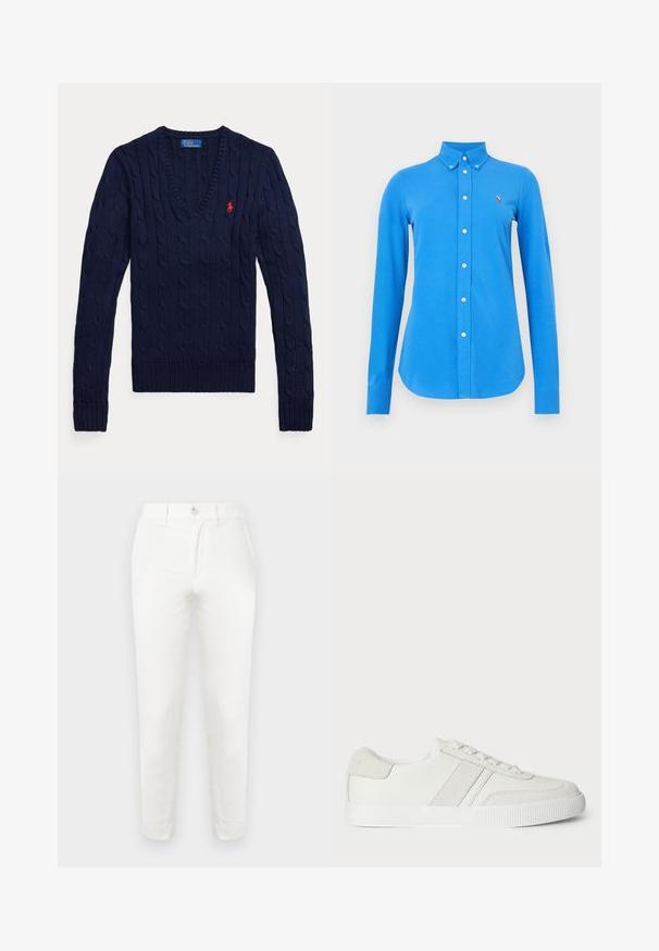 Pull bleu marine tricoté en maille torsadée, col en V, manches longues, avec un petit logo Polo rouge brodé sur le côté gauche de la poitrine.; Chemise bleue à manches longues avec col boutonné, dotée de boutons blancs et d'un petit logo brodé sur la poitrine gauche. Texture de tissu lisse.; Pantalon en coton blanc avec une coupe ajustée, comprenant une fermeture simple à bouton, un devant plat et des jambes effilées. Le tissu semble lisse avec une texture minimale.; Basket blanche avec une tige en cuir lisse, des accents en suède et des lacets plats. Dispose d'une semelle en caoutchouc texturée et d'un design minimaliste.