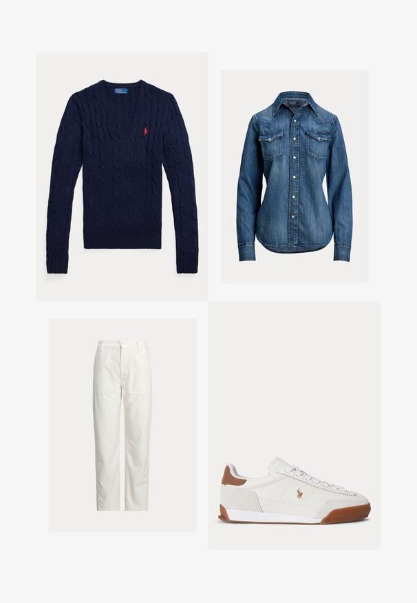 Pull bleu marine tricoté en maille torsadée, col en V, manches longues, avec un petit logo Polo rouge brodé sur le côté gauche de la poitrine.; Chemise en denim bleu à manches longues avec boutons-pression nacrés, deux poches poitrine à rabat et un col pointu, signée Polo Ralph Lauren.; Pantalon blanc droit avec grandes poches plaquées devant, passants de ceinture et fermeture par bouton à la taille.; Baskets basses blanches avec des accents en daim marron au talon et à l’orteil, des lacets blancs et un petit logo brodé marron sur le côté.