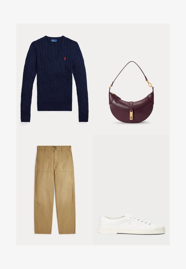 Marineblauer, kabelgestrickter V-Ausschnitt-Pullover mit langen Ärmeln und kleinem roten Polo-Sticklogo auf der linken Brust.; Beige gerade geschnittene Hose mit vorderen aufgesetzten Taschen, Gürtelschlaufen und Knopf- sowie Reißverschluss.; Weiße Leinensneaker mit runder Zehenpartie, Schnürverschluss und dezentem Logodetail. Verfügt über ein strukturiertes Gewebe und eine Gummisohle.; Kleine dunkelviolette Leder-Umhängetasche mit goldfarbenem Reißverschluss und goldfarbenem rechteckigem Logoschild am vorderen Riemen.