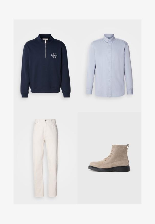 Námornícky modrá mikina na zips vyrobená z jemnej látky, s vysokým golierom, ribovanými manžetami a logom na hrudi v kontrastných farbách.; Svetlomodrá dlhá rukávová košeľa s gombíkmi vyrobená z bavlny s jemnou textúrou, s klasickým golierom a prednými gombíkmi.; Rovné biele džínsy z denimu s gombíkovým a zipsovým zapínaním, pútka na opasok a predné a zadné vrecká, zobrazené na jednoduchom pozadí.; Béžové semišové členkové topánky s čiernou gumovou podrážkou, zaviazaním, malým embosovaným logom na boku a so stahovacím pásikom na zadnej strane.