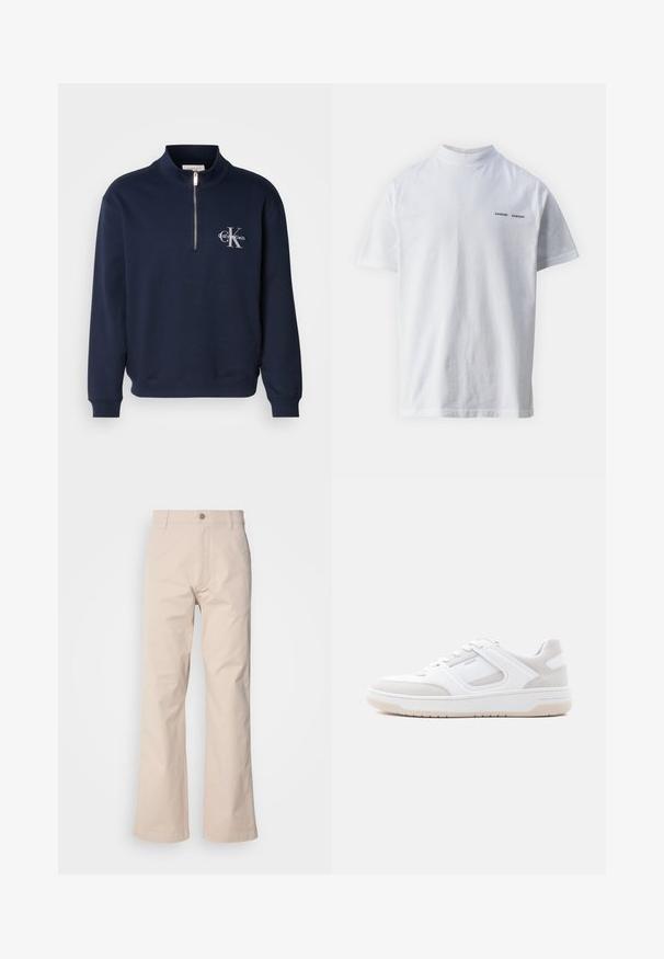 Námornícky modrá mikina na zips vyrobená z jemnej látky, s vysokým golierom, ribovanými manžetami a logom na hrudi v kontrastných farbách.; Biely bavlnený tričko s vysokým výstrihom a krátkymi rukávmi. Na prednej strane sa nachádza logo "SAMSØE SAMSØE" v čiernej farbe. Hladká textúra.; Béžové bavlnené nohavice s rovnými nohavicami, so zapínaním na gombík, prednými vreckami a minimálnym detailom šitia.; Nízkoprofilová biela a svetlo béžová teniska so šnurovaním, polstrovaným golierom a gumovou podrážkou na jednoduchom svetlom pozadí.