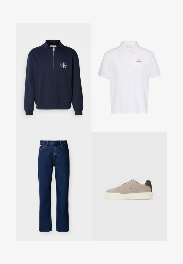 Navyblaues, Reißverschluss-Sweatshirt aus weichem Stoff, mit hohem Kragen, gerippten Bündchen und einem Logo auf der Brust in kontrastierenden Farben.; Weißes Polohemd mit kurzen Ärmeln, Kragen, dreiknöpfiger Blende und kleinem grauem Calvin Klein-Logo auf der linken Brust.; Dunkelblaue, gerade geschnittene Jeans aus Denim, mit klassischem Fünf-Taschen-Design, dezenter Nahtführung und vorderer Knopfverschluss.; Beige Wildledersneaker mit einer weißen Gummisohle, die einen dunkelgrünen Akzent an der Ferse und dezente Markenaufschrift an der Seite aufweisen.