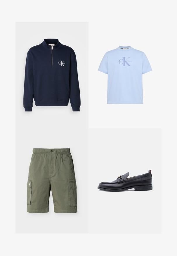 Navyblauwe, rits-up sweatshirt gemaakt van zachte stof, met een hoge kraag, ribbelmanchetten en een logo op de borst in contrasterende kleuren.; Lichtblauw T-shirt met korte mouwen met groot Calvin Klein "cK" logo over de borst.; Olijfgroene cargoshorts met elastische tailleband, knoopsluiting, twee zijflapzakken en zakken in de zijnaden, weergegeven op een witte achtergrond.; Zwarte leren loafer met grijze, gestructureerde vamp, zilveren metalen gesp, lage hak en trekkoord aan de achterkant.