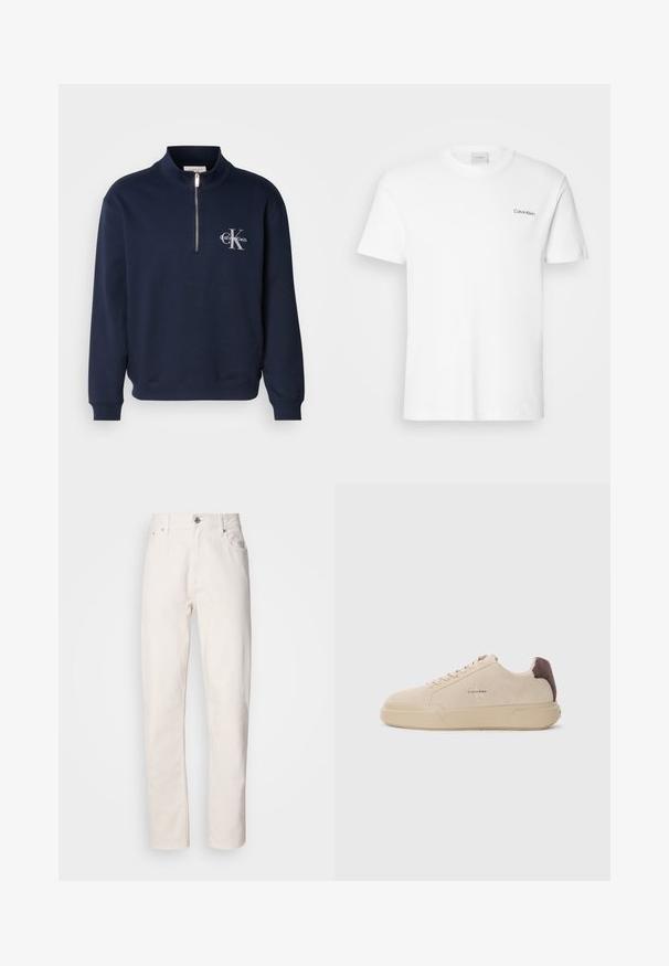 Navyblauwe, rits-up sweatshirt gemaakt van zachte stof, met een hoge kraag, ribbelmanchetten en een logo op de borst in contrasterende kleuren.; Witte katoen T-shirt met korte mouwen en een ronde hals. Bevat een klein zwart "Calvin Klein" logo op de linkerborst.; Spijkerbroek van wit denim met rechte pijpen, knoop- en ritsluiting, riemlussen en voor- en achterzakken, weergegeven op een effen achtergrond.; Beige suède sneakers met een ronde neus, vetersluiting aan de voorkant en een bruine suède accent op de hiel. Beschikt over een gestructureerde rubberen zool.
