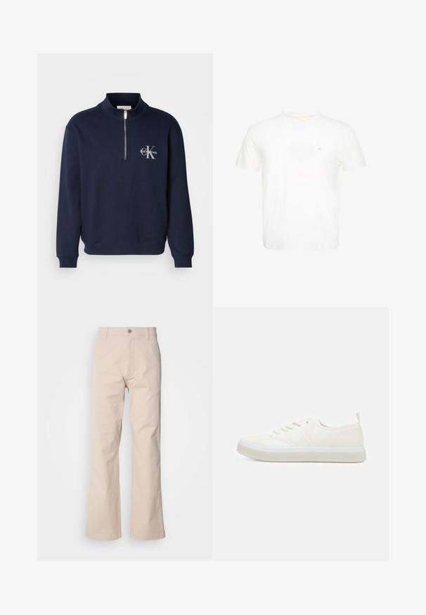 Námornícky modrá mikina na zips vyrobená z jemnej látky, s vysokým golierom, ribovanými manžetami a logom na hrudi v kontrastných farbách.; Biele tričko s krátkym rukávom a okrúhlym výstrihom s malým vyšívaným logom "ck" na ľavej strane hrudníka.; Béžové bavlnené nohavice s rovnými nohavicami, so zapínaním na gombík, prednými vreckami a minimálnym detailom šitia.; Calvin Klein TOP LACE UP UNIFIT - Tenisky - salt bay