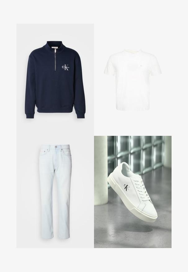 Navyblaues, Reißverschluss-Sweatshirt aus weichem Stoff, mit hohem Kragen, gerippten Bündchen und einem Logo auf der Brust in kontrastierenden Farben.; Weißes T-Shirt mit kurzen Ärmeln und Rundhalsausschnitt mit kleinem gesticktem "ck" Logo auf der linken Brust.; Hellblaue Jeans mit geradem Bein. Verfügt über einen Knopfverschluss und Gürtelschlaufen, präsentiert eine ausgebleichte Textur und minimale Nähte.; Weißer Calvin Klein Sneaker mit Schnürsenkeln, schwebend über einem polierten Betonboden und einer Glasbausteinwand im Hintergrund dargestellt.
