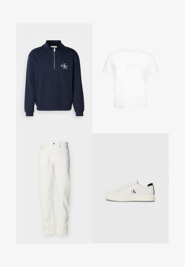 Marineblå, hætte-zip-sweatshirt lavet af blødt stof, der har en høj krave, ribbede cuffe og et logo på brystet i kontrastfarver.; Hvid T-shirt med korte ærmer og rund hals med lille broderet "ck" logo på venstre bryst.; Hvide denimjeans til mænd med lige ben, forreste knap og lynlås, bæltestropper og fem-lomme design.; Hvide lædersneakers med rund tå, flad gummisål og sort hælaccent. Har et fremtrædende sort Calvin Klein-logo på siden.