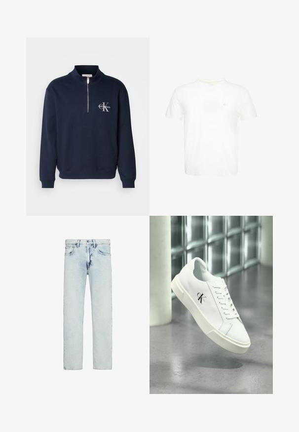 Navyblaues, Reißverschluss-Sweatshirt aus weichem Stoff, mit hohem Kragen, gerippten Bündchen und einem Logo auf der Brust in kontrastierenden Farben.; Weißes T-Shirt mit kurzen Ärmeln und Rundhalsausschnitt mit kleinem gesticktem "ck" Logo auf der linken Brust.; Hellblaue High-Rise-Jeans mit geradem Bein, subtilen Verwaschungen und einem vorderen Knopf- und Reißverschluss.; Weißer Calvin Klein Sneaker mit Schnürsenkeln, schwebend über einem polierten Betonboden und einer Glasbausteinwand im Hintergrund dargestellt.