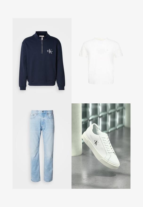 Sudadera de color azul marino con cremallera, hecha de una tela suave, con un cuello alto, puños acanalados y un logo en el pecho en colores contrastantes.; Camiseta blanca de manga corta con cuello redondo y pequeño logo "ck" bordado en el pecho izquierdo.; Vaqueros de mezclilla azul claro con corte recto, con secciones desgastadas, diseño de cinco bolsillos y cierre de botones clásico.; Zapatilla blanca Calvin Klein con cordones, mostrada flotando sobre un suelo de cemento pulido y un fondo de pared de bloques de vidrio.