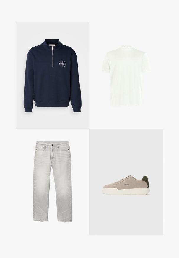 Navyblaues, Reißverschluss-Sweatshirt aus weichem Stoff, mit hohem Kragen, gerippten Bündchen und einem Logo auf der Brust in kontrastierenden Farben.; Weißes T-Shirt mit Rundhalsausschnitt aus weichem Stoff. Kurze Ärmel, keine Muster. Schlichtes Design mit geradem Saum und minimalen Details.; Hellgraue Jeans mit geradem Bein, fünf Taschen, Knopf- und Reißverschluss und Calvin Klein-Logo auf der kleinen Fronttasche.; Beige Wildledersneaker mit einer weißen Gummisohle, die einen dunkelgrünen Akzent an der Ferse und dezente Markenaufschrift an der Seite aufweisen.