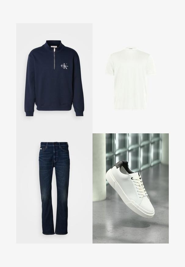 Navyblauwe, rits-up sweatshirt gemaakt van zachte stof, met een hoge kraag, ribbelmanchetten en een logo op de borst in contrasterende kleuren.; Witte T-shirt met ronde hals gemaakt van zachte stof. Korte mouwen, zonder patronen. Eenvoudig ontwerp met een rechte zoom en minimale details.; Donkerblauwe denim jeans met een recht model, voorzien van subtiele vervaging, een knoopsluiting en traditionele vijfzakkenstijl.; Witte lage sneaker met zwarte, gestructureerde hielkap, witte veters en dikke zool op een gepolijste betonnen vloer nabij glazen blokken.