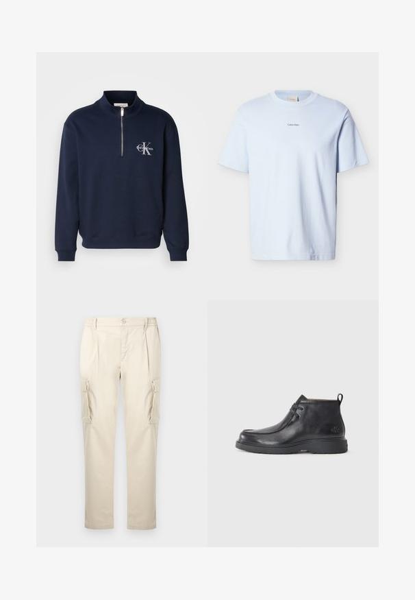 Námornícky modrá mikina na zips vyrobená z jemnej látky, s vysokým golierom, ribovanými manžetami a logom na hrudi v kontrastných farbách.; Svetlomodré bavlnené tričko s okrúhlym výstrihom a krátkymi rukávmi, na prednej strane s malým čiernym logom "Calvin Klein" na hrudi.; Béžové pracovné nohavice vyrobené z mäkkej, ľahkej látky. Majú voľný strih, elastický pás a dve bočné vrecká s chlopňami.; Čierne kožené členkové čižmy s okrúhlou špičkou, šnurovací dizajn a pútko na zadnej strane. Štruktúrovaný zvršok a gumová podrážka.