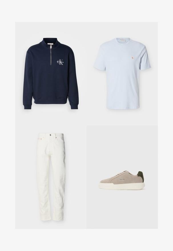 Sudadera de color azul marino con cremallera, hecha de una tela suave, con un cuello alto, puños acanalados y un logo en el pecho en colores contrastantes.; Camiseta de manga corta de color azul claro con tejido de gofre, cuello redondo y pequeño parche con el logo rojo "CK" en el pecho izquierdo.; Vaqueros blancos de mezclilla para hombre, de pierna recta, con botón y cremallera frontales, trabillas para cinturón y diseño de cinco bolsillos.; Zapatillas de piel de ante beige con suela de goma blanca, que presentan un acento en el talón de color verde oscuro y un sutil logo en el lateral.