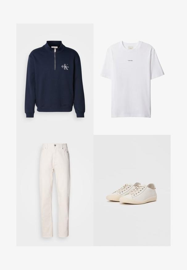 Navyblaues, Reißverschluss-Sweatshirt aus weichem Stoff, mit hohem Kragen, gerippten Bündchen und einem Logo auf der Brust in kontrastierenden Farben.; Weißes Baumwoll-T-Shirt mit Rundhalsausschnitt und kurzen Ärmeln. Auf der Brust zentriert befindet sich ein kleines schwarzes "Calvin Klein"-Logo.; Weiße Denim-Jeans mit geradem Bein, Knopf- und Reißverschluss, Gürtelschlaufen sowie Vorder- und Hintertaschen, auf einfarbigem Hintergrund gezeigt.; Weiße Sneaker aus glattem Leder mit tonalem Nähten, Schnürverschluss, runder Zehenpartie und einer strukturierten Gummisohle.