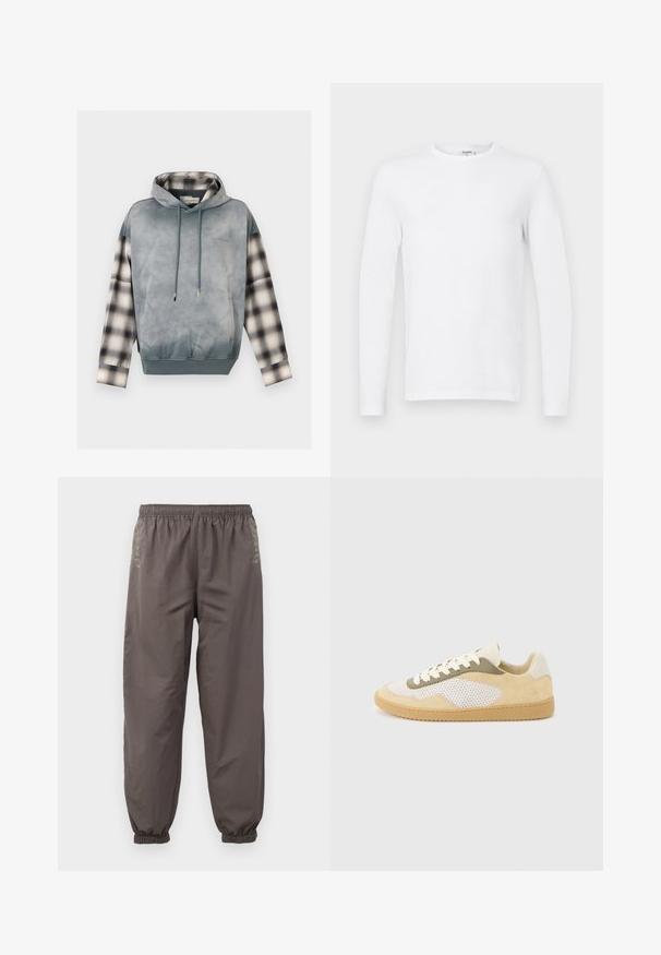 Sweat à capuche avec corps gris charbon, manches longues à carreaux, poche avant et capuche réglable avec cordon.; T-shirt à manches longues, unisexe, blanche à col rond, présenté sur un fond plat, gris clair.; Pantalons gris foncé à taille élastique avec une coupe décontractée. Présentent des poignets froncés et une broderie subtile sur les côtés. Tissu léger.; Baskets basses en daim beige, panneaux en maille blanche, accents olive, lacets blancs et semelle en caoutchouc naturel sur fond gris clair.