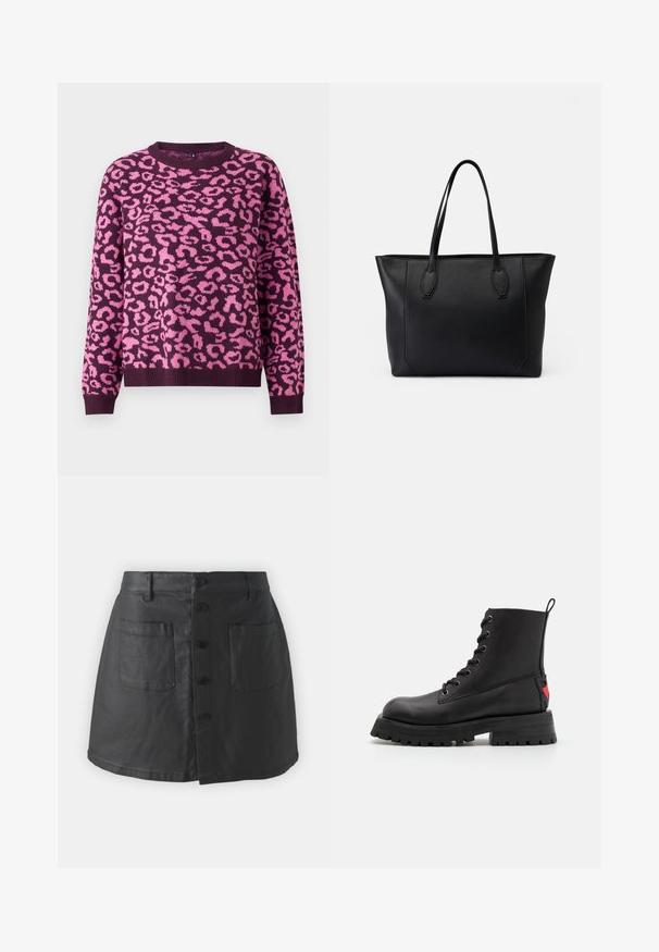 Lilla sweater med et pink leopardprintmønster, rund halsudskæring og ribbede manchetter. Fremstillet af blødt strikket stof med en afslappet pasform.; Sort lædernederdel med knaplukning foran, to store lommer og lige snitdesign. Glat tekstur og skræddersyet pasform.; Sort læder ankelstøvle med rund tå, snørebånd foran og kraftig gummisål. Har et rødt logo-akkent på hælen.; Sort læder tote bag med to robuste håndtag, der har en glat tekstur, rektangulær form og diskrete syningsdetaljer langs kanterne.