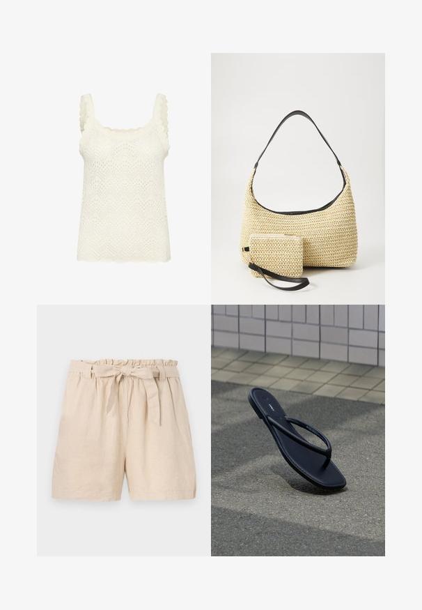 Débardeur en tricot blanc avec décolleté carré, bretelles scallopées et motif zigzag texturé. Conception légère et respirante, coupe décontractée.; Shorts en lin beige avec une taille élastique, un ourlet froncé et une ceinture à nouer amovible. Présente une coupe décontractée et un tissu lisse et texturé.; Une sandale noire en tongs isolée reposant sur un sol en pavé gris texturé à côté d'un mur carrelé beige en extérieur.; Sac à main en paille tissée avec une silhouette courbée, doté d'une bandoulière en cuir noir lisse et d'une petite pochette assortie attachée par une sangle pour le poignet.