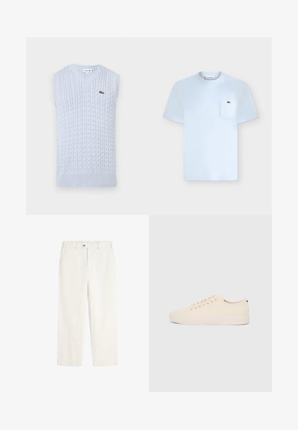 Gilet sans manches en tricot de câble bleu clair avec col en V et petit logo crocodile vert brodé de Lacoste sur la poitrine gauche.; T-shirt bleu clair à manches courtes et col rond avec une poche poitrine gauche affichant un petit logo crocodile vert.; Pantalon droit blanc cassé avec passants de ceinture, poches latérales, et fermeture devant avec bouton et zip.; Baskets en toile beige avec bout arrondi, semelle en caoutchouc plate et lacets à l'avant. Présente un design minimaliste et un accent noir contrastant au niveau du talon.