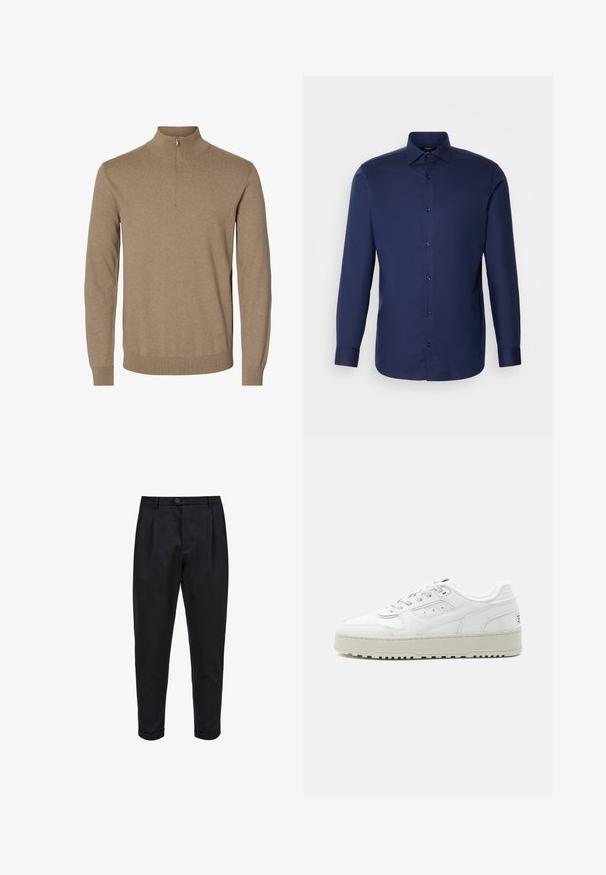 Pull en maille marron à manches longues avec un col montant et une courte fermeture éclair à l'avant, poignets et ourlet côtelés.; Chemise bleu marine à manches longues, boutonnée, en tissu lisse, avec un col classique, des boutons sur le devant et un ourlet arrondi.; Pantalons noirs en tissu lisse, avec un devant plissé, une coupe fuselée et des ourlets roulés. Fermeture par bouton simple à la taille.; Baskets basses blanches avec semelle épaisse, laçage à l’avant, détails perforés et col rembourré sur un fond gris clair uni.