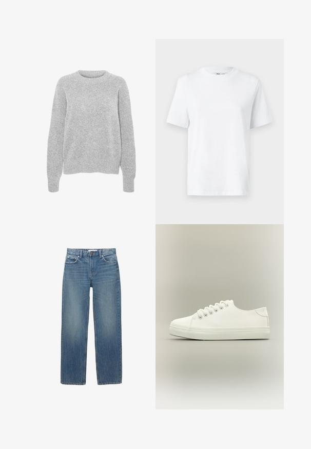 Pull en maille gris avec des manches longues, un col rond, des bords-côtes aux poignets et à l'ourlet, présentant une texture douce et une coupe décontractée.; T-shirt en coton blanc à col rond, avec des manches courtes et une texture lisse. Conçu avec une coupe décontractée pour plus de confort et de polyvalence.; Jeans en denim bleu clair à coupe droite, avec cinq poches et des éléments en métal de couleur cuivrée. Le tissu présente une légère décoloration et une texture douce.; Baskets basses blanches avec lacets blancs et semelle en caoutchouc, vues de côté sur un fond neutre.
