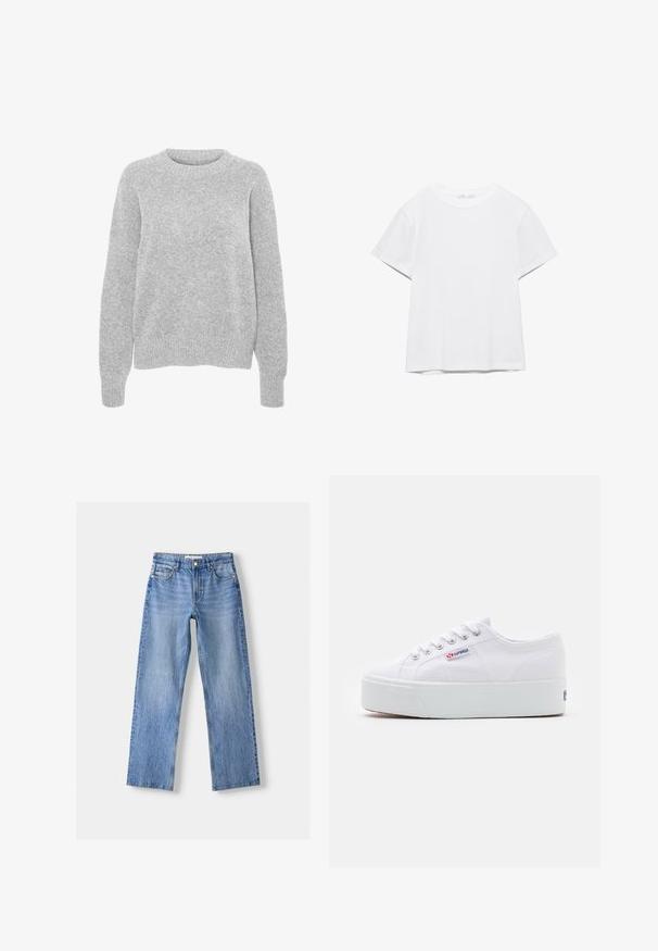 Pull en maille gris avec des manches longues, un col rond, des bords-côtes aux poignets et à l'ourlet, présentant une texture douce et une coupe décontractée.; T-shirt blanc uni à manches courtes et col rond, avec un ourlet droit, présenté sur un fond blanc.; Jean en denim bleu clair avec une coupe droite, comportant cinq poches, une fermeture à bouton sur le devant, et un léger délavage pour ajouter de la texture.; Baskets en toile blanches avec une épaisse semelle plateforme blanche, bout rond et œillets en métal pour les lacets. Logo de la marque affiché sur le côté.