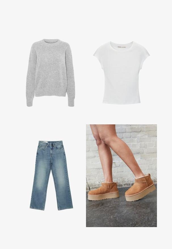 Pull en maille gris avec des manches longues, un col rond, des bords-côtes aux poignets et à l'ourlet, présentant une texture douce et une coupe décontractée.; T-shirt en coton blanc avec manches courtes retroussées, encolure ronde et ourlet droit. Texture lisse sans motifs ni accents visibles.; Jean en denim bleu clair avec taille haute, jambes droites et larges, fermeture avant par boutons, fermeture éclair et design cinq poches.; Bottines en suède marron avec une doublure en peluche, semelle épaisse en beige et une poignée à l'arrière. Surface texturée avec des détails de couture visibles.