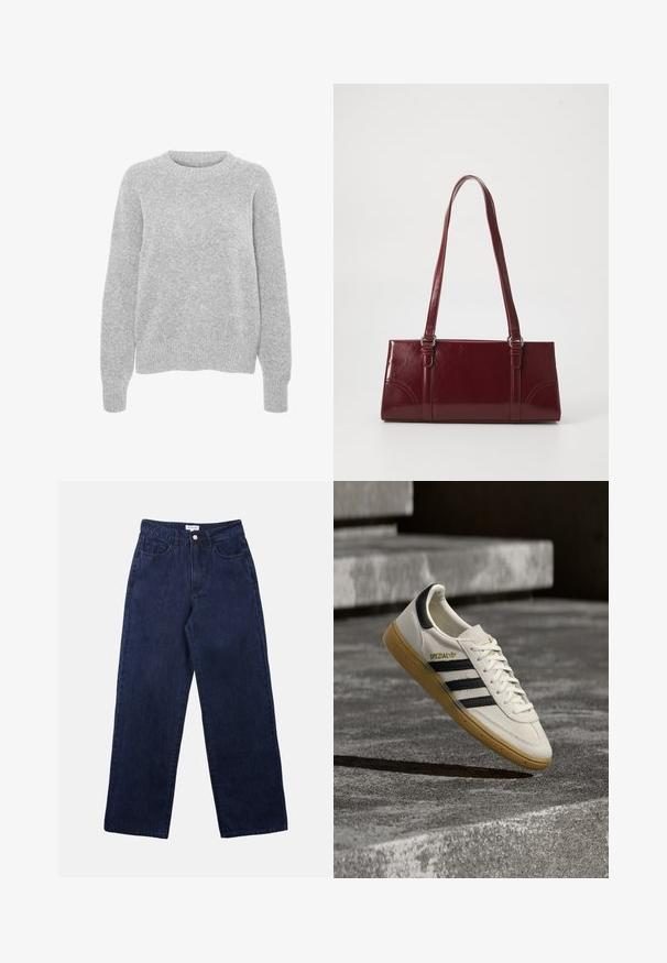 Pull en maille gris avec des manches longues, un col rond, des bords-côtes aux poignets et à l'ourlet, présentant une texture douce et une coupe décontractée.; Pantalons en denim bleu foncé avec une coupe droite, dotés d'une fermeture à bouton à l'avant, de passants de ceinture et de deux poches avant.; Baskets Adidas Spezial blanches avec des rayures noires et une semelle en gomme flottant au-dessus de marches en pierre grises à l'extérieur.; Sac à main bordeaux en matériau brillant, de forme rectangulaire, avec deux anses et des accents légèrement courbés à l'avant.