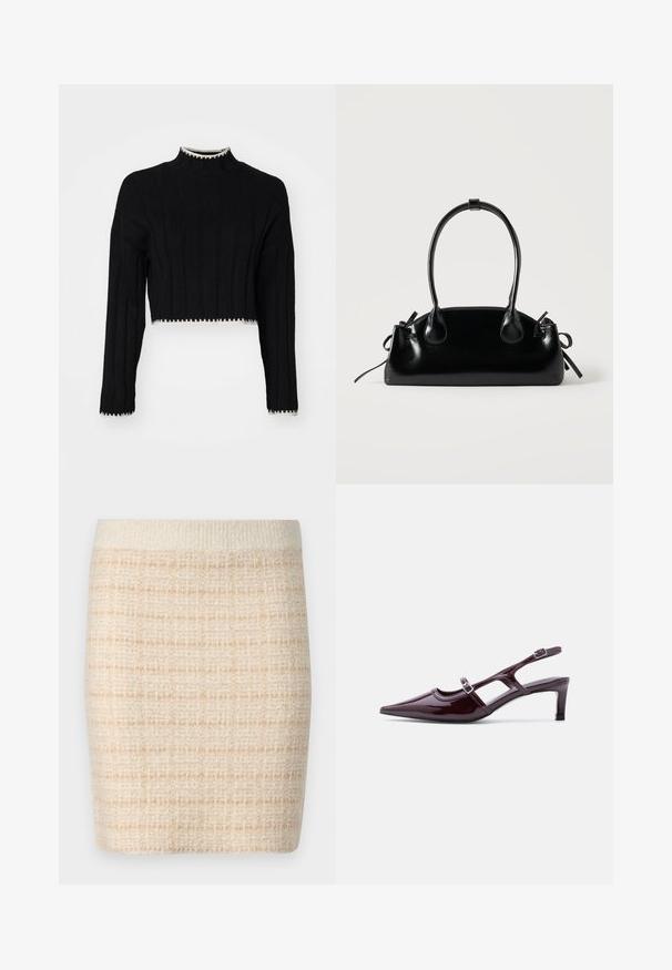 Zwart cropped sweater met ribbelstructuur, hoge hals, lange mouwen en contrasterende witte rand langs de zoom en manchetten.; Gebreide beige minirok met een gestructureerd ruitpatroon, voorzien van een effen crème kleurige tailleband. Lengte tot halverwege de bovenbenen, van zachte stof.; Bordeaux lakleren slingback schoen met spitse neus, lage hak en dubbele verstelbare gespsluitingen.; Kleine zwarte glanzende handtas met twee lange hengsels en zijkant trekkoord details op een effen lichte achtergrond.
