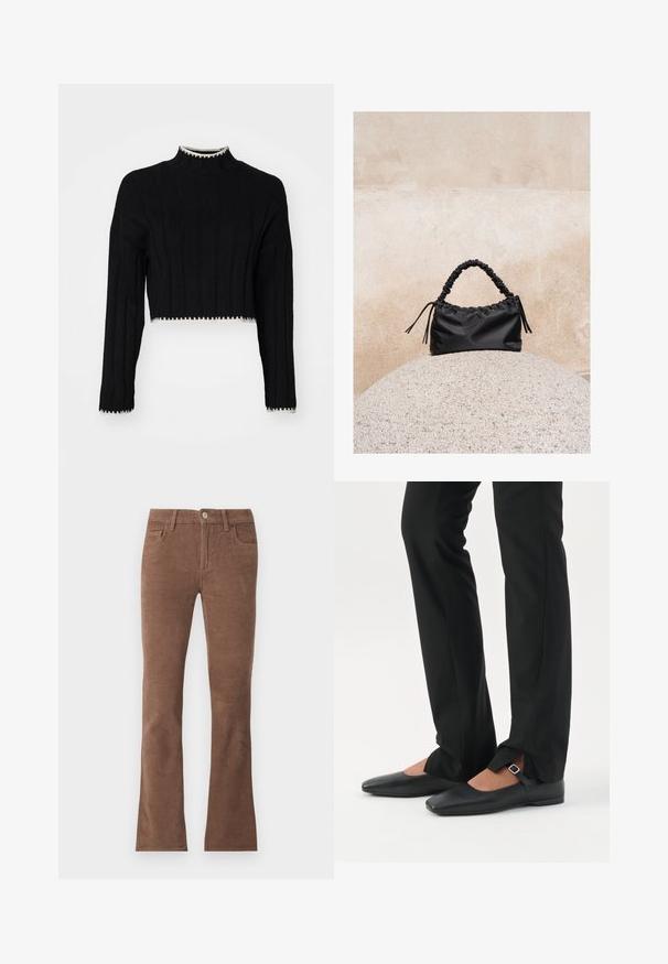Pull noir court avec texture côtelée, col haut, manches longues et bord en contraste blanc le long de l'ourlet et des poignets.; Pantalon en velours côtelé marron avec fermeture par bouton et fermeture éclair, style cinq poches, jambes légèrement évasées.; Jambes vêtues d’un pantalon slim noir avec des fentes à l’avant de l’ourlet, assorties à des chaussures plates Mary Jane noires avec une petite bride à boucle.; Sac à main noir froncé avec une poignée froncée, posé sur une sphère en pierre texturée devant un mur en béton beige.