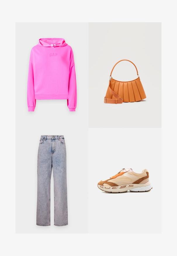 Rosa, kurze Kapuzenjacke aus weichem Stoff, mit einer Kordelzugkapuze und einem dezenten GAP-Logo in der Mitte. Gerippte Bündchen und Saum.; Hellblaue Jeans aus Denim mit einem entspannten, geraden Schnitt, hoher Taille, fünf Taschen und bronzenen Knopfdetails.; Beige-brauner Sneaker mit flacher Schnürung und dicker Sohle sowie "GUESS"-Markenaufdruck an der Seite, in rechter Seitenansicht gezeigt.; Hellbraune Faltentasche mit einem gebogenen oberen Griff und einem verstellbaren, abnehmbaren Schultergurt vor einfarbigem Hintergrund.