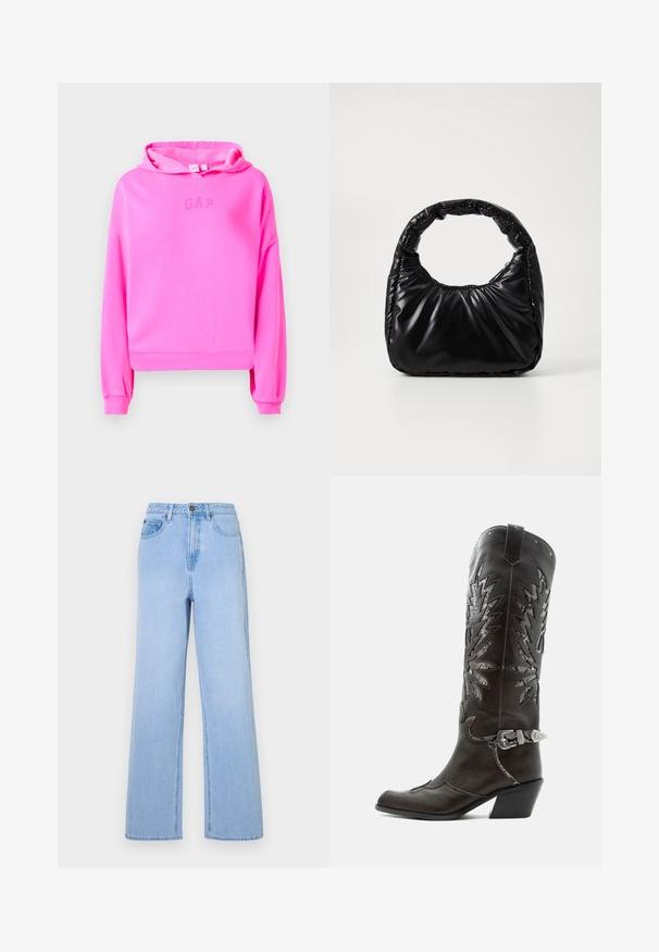Haut en molleton rose, court, avec une capuche à cordon et un logo GAP discret au centre. Poignets et ourlet côtelés.; Jean taille haute bleu clair avec une coupe évasée, en denim. Comprend des coutures visibles et un style à cinq poches.; Botte de cowboy en cuir noir avec découpes décoratives, boucle argentée et talon incliné, présentée sur fond blanc.; Sac à main noir rembourré avec une poignée arrondie, présentant une surface lisse et brillante ainsi qu'une texture douce et matelassée. Pas de quincaillerie ou d'accents visibles.