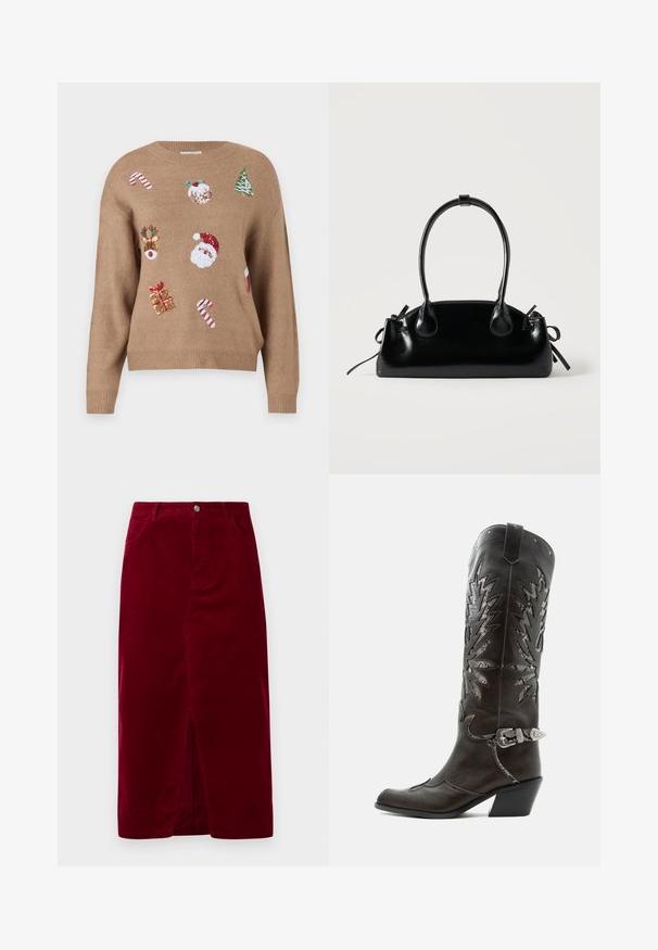 Pull en tricot marron avec des motifs brodés sur le thème de Noël, incluant le Père Noël, des rennes, des cadeaux et des cannes en sucre dans diverses couleurs.; Jupe en velours côtelé bordeaux avec une coupe droite, fente avant, passants de ceinture et deux poches, dotée d'une fermeture à bouton à l'avant.; Botte de cowboy en cuir noir avec découpes décoratives, boucle argentée et talon incliné, présentée sur fond blanc.; Petit sac à main noir brillant avec deux longues anses et des détails à cordon sur les côtés sur un fond clair uni.