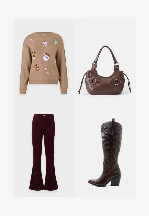 Pull en tricot marron avec des motifs brodés sur le thème de Noël, incluant le Père Noël, des rennes, des cadeaux et des cannes en sucre dans diverses couleurs.; Pantalons en velours côtelé bordeaux taille haute avec une fermeture à bouton et zip, poches avant et jambes évasées.; Botte de cowboy haute en cuir marron foncé avec motifs décoratifs cousus, bout pointu et talon bloc empilé.; Sac à main en cuir marron de forme arrondie, avec quincaillerie argentée, deux anses latérales et une texture lisse. Dispose d'une seule poignée supérieure.