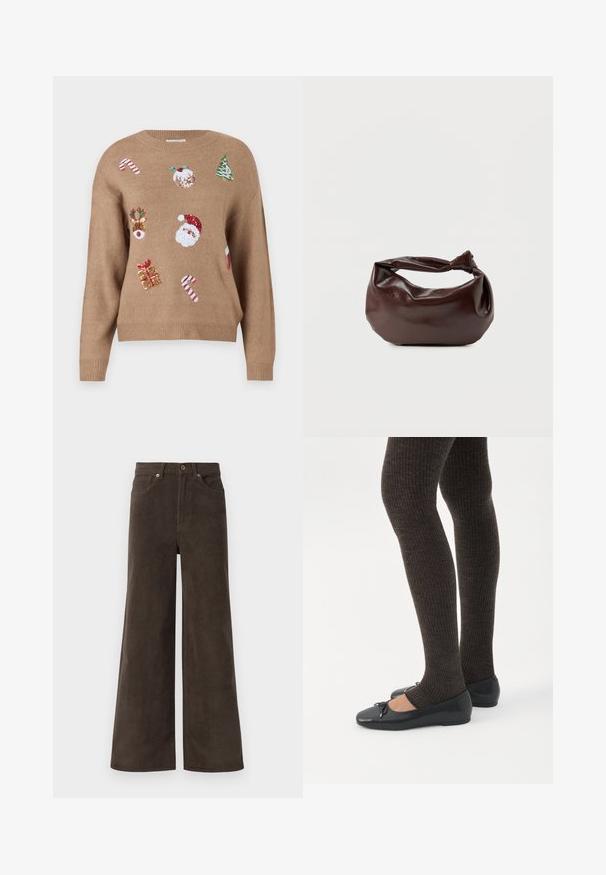 Pull en tricot marron avec des motifs brodés sur le thème de Noël, incluant le Père Noël, des rennes, des cadeaux et des cannes en sucre dans diverses couleurs.; Pantalons en velours côtelé larges marron foncé avec poches avant, passants de ceinture et fermeture à boutons à la taille.; Jambes portant des leggings côtelés foncés associés à des ballerines noires avec de petits détails en nœud sur fond blanc.; Sac bandoulière en cuir marron foncé avec une forme souple et décontractée et une anse nouée torsadée sur un fond blanc uni.