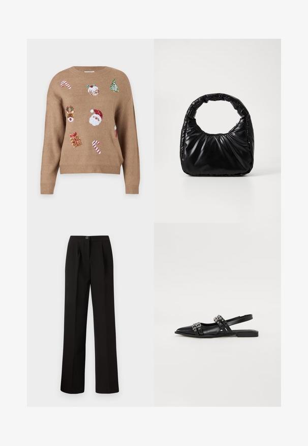 Pull en tricot marron avec des motifs brodés sur le thème de Noël, incluant le Père Noël, des rennes, des cadeaux et des cannes en sucre dans diverses couleurs.; Pantalon noir avec une coupe droite, comprenant des plis sur le devant, une fermeture à bouton et un tissu lisse et texturé.; Even&Odd by Zalando Ballerines à brides arrière - black; Sac à main noir rembourré avec une poignée arrondie, présentant une surface lisse et brillante ainsi qu'une texture douce et matelassée. Pas de quincaillerie ou d'accents visibles.