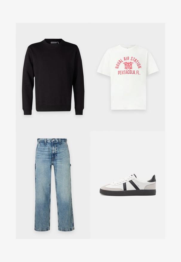 Sweatshirt noir en mélange de coton lisse, avec un col rond, des manches longues et des poignets et un ourlet côtelés. Aucun motif ni accent visible.; T-shirt blanc à manches courtes avec le texte rouge "NAVAL AIR STATION PENSACOLA, FL." et un emblème d'aigle au centre à l'avant.; Jean en denim bleu clair avec une coupe décontractée, jambes droites, texture usée et cinq poches. Doté d'une taille avec passants de ceinture et d'accents de couture.; Baskets blanches avec des accents noirs et gris, présentant un embout texturé gris, une semelle en caoutchouc noir et des lacets plats blancs. Design épuré, style minimaliste.
