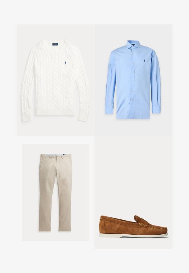 Biely sveter s okrúhlym výstrihom pletený vzorom vrkoča, s dlhými rukávmi a malým modrým logom Polo Ralph Lauren na ľavej strane hrudníka.; Svetlomodrá košeľa s dlhým rukávom na gombíky, s golierom a malým tmavomodrým vyšívaným logom na ľavej strane hrude.; Béžové rovné bavlnené nohavice s prednými vreckami, pútkami na opasok, zapínaním na gombík a zipsom, zobrazené položené na bielom pozadí.; Hnedý semišový loafer s bielou podrážkou, švy v štýle mokasínov a malým vyrazeným logom pri päte na jednofarebnom svetlom pozadí.