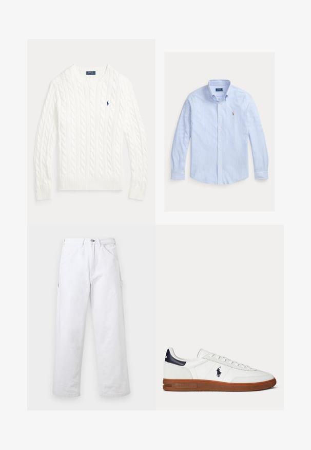Hvid kabelstrikket crewneck sweater med lange ærmer og lille blå Polo Ralph Lauren-logo på venstre bryst.; Lyseblå skjorte med lange ærmer, knapper og hvide lodrette striber samt en lille broderet Polo Ralph Lauren-logo på brystet.; Hvide bukser med højtaljet, lige ben, bæltestropper, forlommer, knaplukning og en sidelomme til værktøj på en ensfarvet baggrund.; Hvid lavt sneaker med brun sål, sort hælpatch, broderet logo med en polospiller og hvide snørebånd.