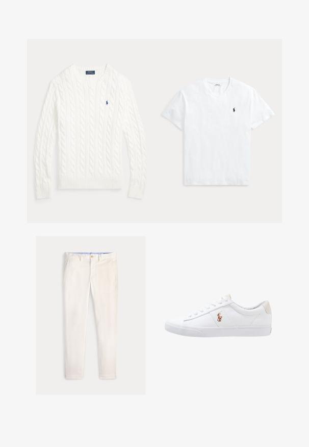 Hvid kabelstrikket crewneck sweater med lange ærmer og lille blå Polo Ralph Lauren-logo på venstre bryst.; Hvid T-shirt med V-hals og korte ærmer med lille navyblåt Polo Ralph Lauren hestelogo på venstre bryst.; Herre slim-fit off-white bukser med frontlommer, bæltestropper og knaplukning på en ensfarvet baggrund.; Hvide kanvas sneakers med lågtop design, prydet med en beige hælkappe og et lille broderet logo på siden. Gummisål.
