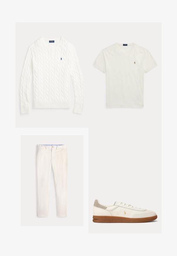 Witte kabelgebreide trui met ronde hals, lange mouwen en klein blauw Polo Ralph Lauren-logo op de linkerborst.; Witte katoenen T-shirt met korte mouwen en ronde hals, klein geborduurd Polo Ralph Lauren-logo op de linkerborst.; Slim-fit herensbroek in off-white met voorzakken, riemlussen en een knoopsluiting op een effen achtergrond.; Witte leren lage sneaker met bruine rubberen zool, beige suède hielstuk en klein gouden Polo logo aan de zijkant.