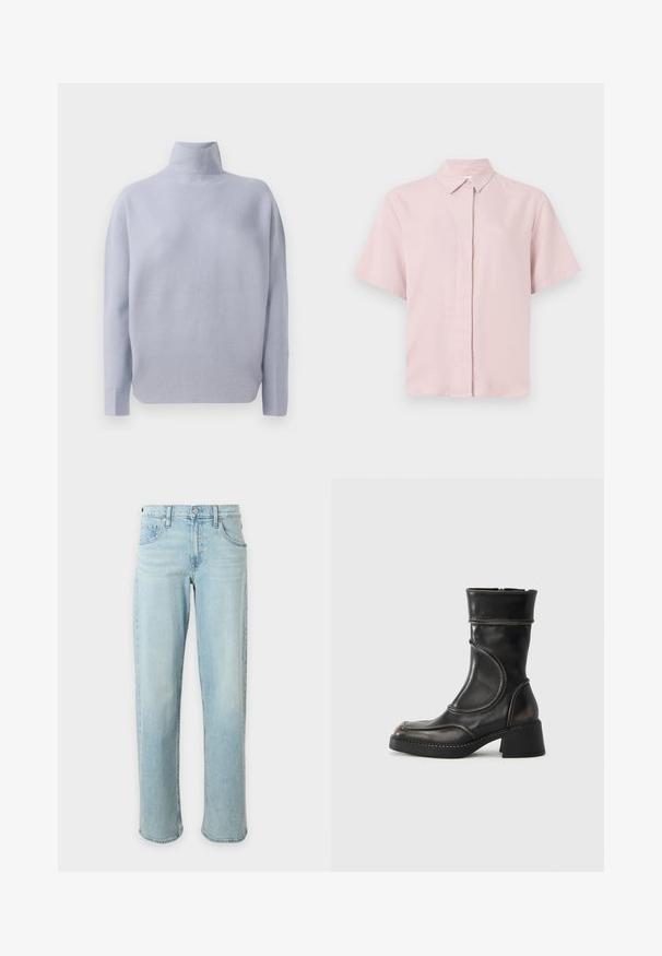 Lyseblå langærmet turtleneck sweater med en blød strikket tekstur og en afslappet pasform, præsenteret på en hvid baggrund.; Lyserød kortærmet skjorte med klassisk krave og knaplukning foran. Fremstillet af glat stof med en let afslappet pasform.; Lyseblå jeans med lige ben, forlommer og en knaplukning i taljen på en ensfarvet hvid baggrund.; Sort læderankelstøvle med rundet tå, teksturerede detaljer, syning og en kraftig hæl. Lynlås i siden og glat finish.