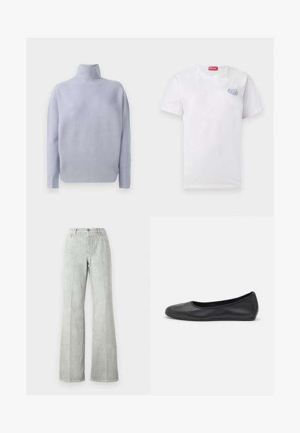 Lyseblå langærmet turtleneck sweater med en blød strikket tekstur og en afslappet pasform, præsenteret på en hvid baggrund.; Hvid t-shirt med korte ærmer og rund halsudskæring med et lille blåt abstrakt logo på venstre bryst og et rødt Diesel-mærke indeni kraven.; Lys grå flared jeans, lavet af denim, med høj talje, fem-lomme design og en ren finish med minimalt syninger.; Sort læderballetsko med rund tå, glat tekstur, minimal syning og et fleksibelt såldesign.