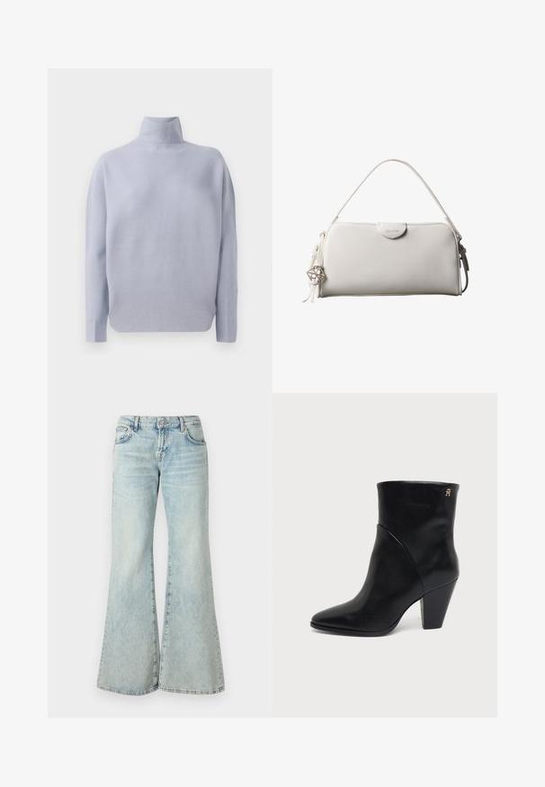 Lichtblauwe langemouw turtleneck trui met een zachte gebreide textuur en een ontspannen pasvorm, weergegeven op een witte achtergrond.; Lichtblauwe flared jeans van denim, met een hoge taille, zakken en rafelige zomen. De stof heeft een vervaagde wassing en een subtiele textuur.; Zwarte leren enkellaars met puntige neus, blokhak en klein gouden logo nabij de bovenzijde aan de buitenkant.; Witte rechthoekige Calvin Klein handtas met enkele handgreep, minimalistisch ontwerp en decoratieve kwastjes met geometrische metalen hanger aan de zijkant.