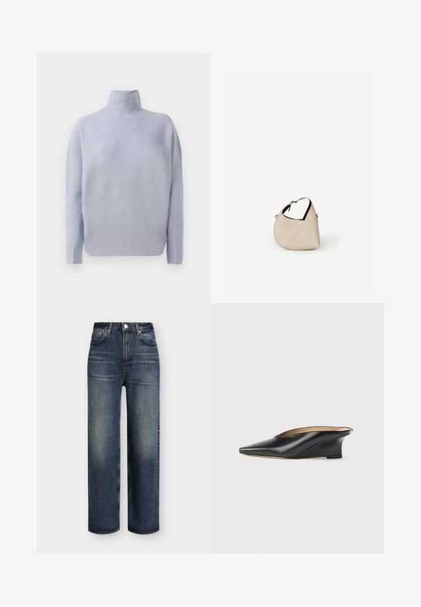 Lyseblå langærmet turtleneck sweater med en blød strikket tekstur og en afslappet pasform, præsenteret på en hvid baggrund.; Mørkeblå jeans med høj talje og lige ben, med forlommer, bæltestropper, knaplukning og diskrete falmede detaljer på lår og knæ.; Sort laklæder kilehæl sko med spids tå og åben hæl, der har et elegant, buet design og minimalistisk stil.; Beige læder håndtaske i halvmåneform med en enkelt skulderrem og minimal syning, sat mod en ensartet hvid baggrund.