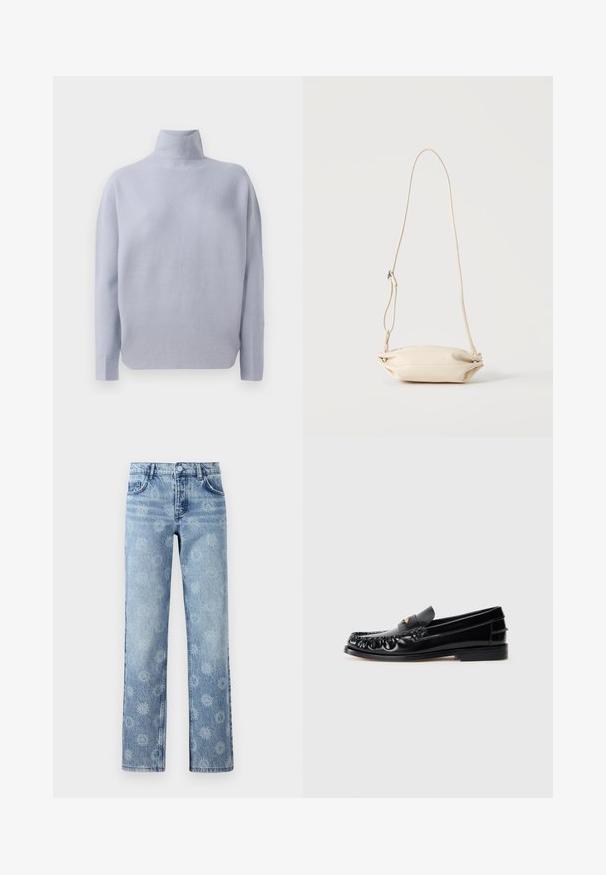 Lyseblå langærmet turtleneck sweater med en blød strikket tekstur og en afslappet pasform, præsenteret på en hvid baggrund.; Lysblå denim jeans med en let falmet finish, prydet med et blomsterdesign, fem lommer og lige ben.; Sorte læder loafers med rund tå, dekorativ sying og en lille gul accent på vampen. Flad gummisål, slankt design.; Lille beige læder crossbody taske med justerbar rem, vist mod en ensfarvet lys baggrund.