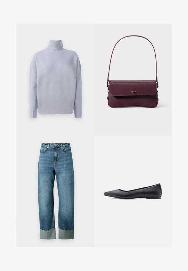 Lichtblauwe langemouw turtleneck trui met een zachte gebreide textuur en een ontspannen pasvorm, weergegeven op een witte achtergrond.; Lichtblauwe denim jeans met een losse, rechte pasvorm. Heeft een rafelige zoom en contrasterend manchetdetail. Vijfzakkenontwerp met knoopsluiting.; Zwarte platte leren schoen met puntige neus en lage hak, zijaanzicht tegen een witte achtergrond.; Bordeauxrode leren handtas met een gestructureerd ontwerp, voorzien van een klepsluiting en een verstelbare riem. Logo detail geperst aan de voorkant.