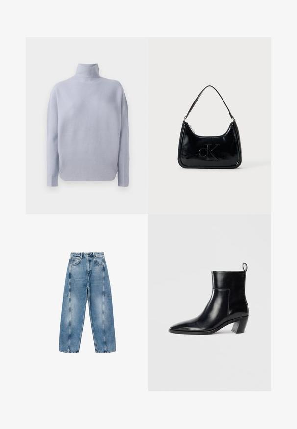 Lichtblauwe langemouw turtleneck trui met een zachte gebreide textuur en een ontspannen pasvorm, weergegeven op een witte achtergrond.; Lichtblauwe denim jeans hebben een relaxte pasvorm, grote zakken en contrasterende stiksels. De stof heeft een vervaagde afwerking met een soepele textuur.; Zwarte leren enkelboot met een spitse neus, een geometrische gestapelde hak en een trekband aan de achterkant. Gladde textuur en slank ontwerp.; Zwarte gepatenteerde leren handtas met een gebogen bovenhandgreep, ritsafsluiting en reliëf "cK" logo aan de voorkant. Gladde textuur, gestructureerde vorm.