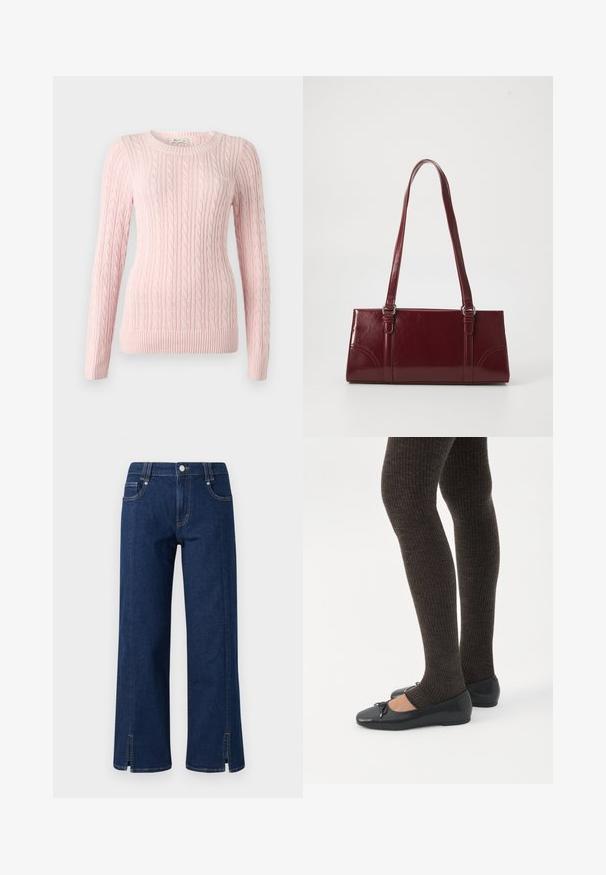 Pull rose clair en maille torsadée à manches longues avec encolure ronde et poignets et ourlet côtelés.; Jean en denim bleu foncé à jambes larges avec taille haute, dotée de poches latérales, d'une fermeture à bouton à l'avant et d'ourlets fendus pour une touche de détail.; Jambes portant des leggings côtelés foncés associés à des ballerines noires avec de petits détails en nœud sur fond blanc.; Sac à main bordeaux en matériau brillant, de forme rectangulaire, avec deux anses et des accents légèrement courbés à l'avant.