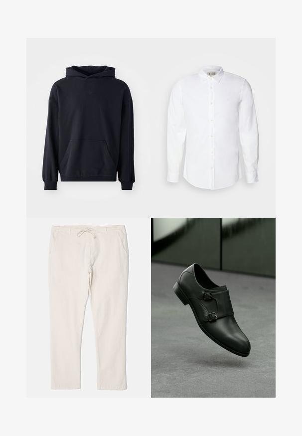 Must mustaga, mis on valmistatud pehmest kangast, esiküljel taskuga, pikkade varrukatega, sooniku äärtega ja diskreetse logoga rinnal.; Valge puuvillane nööbiga shirt klassikalise kraega, pikad varrukad ja õrn tikand vasakul rinnal. Omab beeže nuppe.; Heledadbeži püksid tekstuurse pinnaga, elastse vöökoha ja reguleeritava stringiga, millel on kaks küljetaskut hoiustamiseks.; Must musta kingad, millel on luksuslik disain, kahte hõbedast pandlat ja ümar varvas, halli tausta taustal.