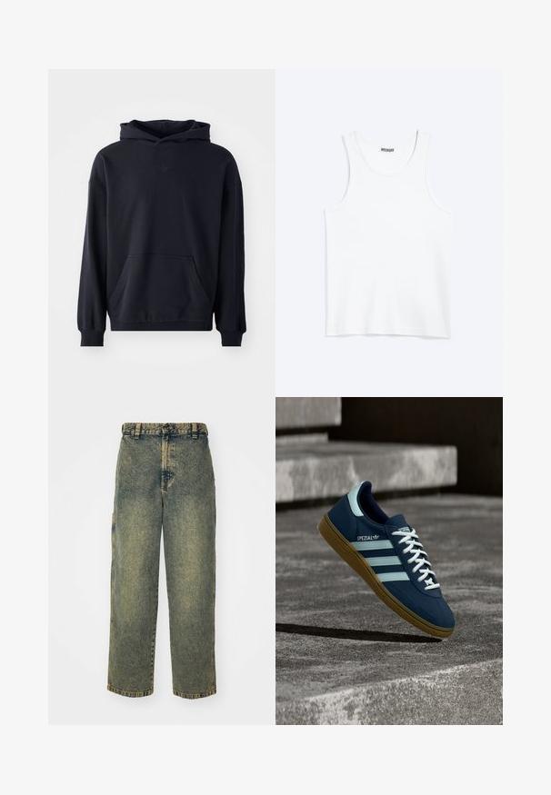 Sudadera con capucha negra, fabricada en un tejido suave, que presenta un bolsillo frontal, mangas largas, puños de canalé y un logo sutil en el pecho.; Camiseta sin mangas blanca con cuello redondo y etiqueta de la marca Weekday en el interior del cuello trasero, mostrada plana sobre un fondo claro.; Jeans de denim holgados en un lavado azul y verde descolorido. Presenta un cierre de botón, pasadores para el cinturón y bolsillos laterales. Diseño de frente plano y pierna recta.; Zapatilla azul Adidas Spezial con rayas y cordones blancos, suela de goma, flotando sobre una superficie de hormigón rugosa y escaleras de fondo.